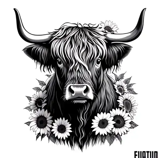 highland cow and sunflowers tattoo design idea