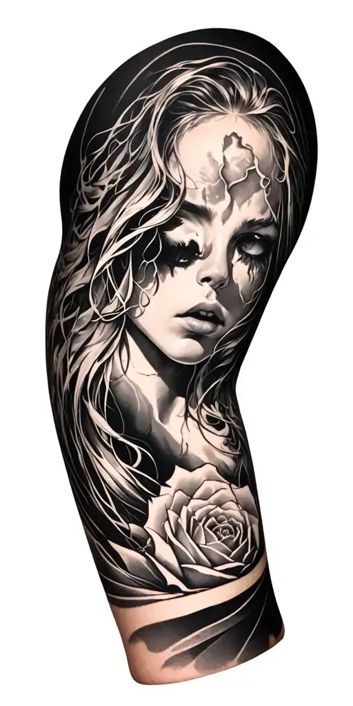 black and white arm sleeve showing heartbreak, courage, and strength tattoo design idea