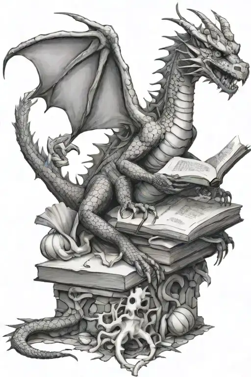 dragon sitting on pile of bones  reading a book   tattoo design idea