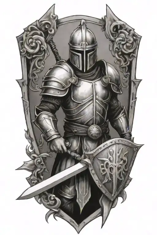 strength courage faith , god warrior with helmet sword shield on armor  tattoo design idea