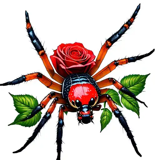 realistic Redback spider on rose covered in webs tattoo design idea