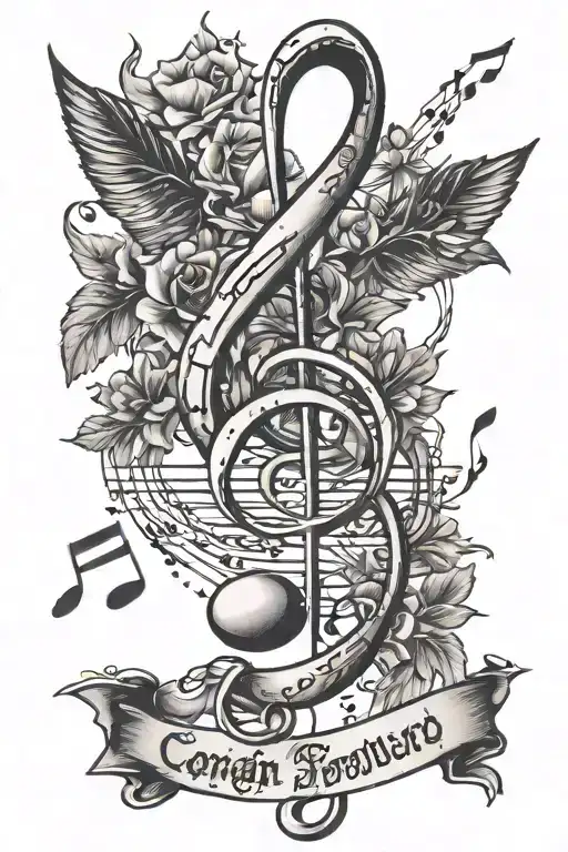 eating disorder awareness symbol, musical notes, German writing "Continue forward" tattoo design idea