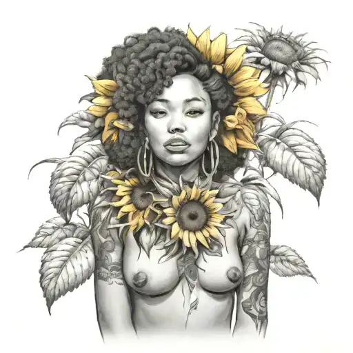 sunflower, sexy Afro centric asian girl, big boobs, petite, thick thighs, seductive smile, full body  tattoo design idea