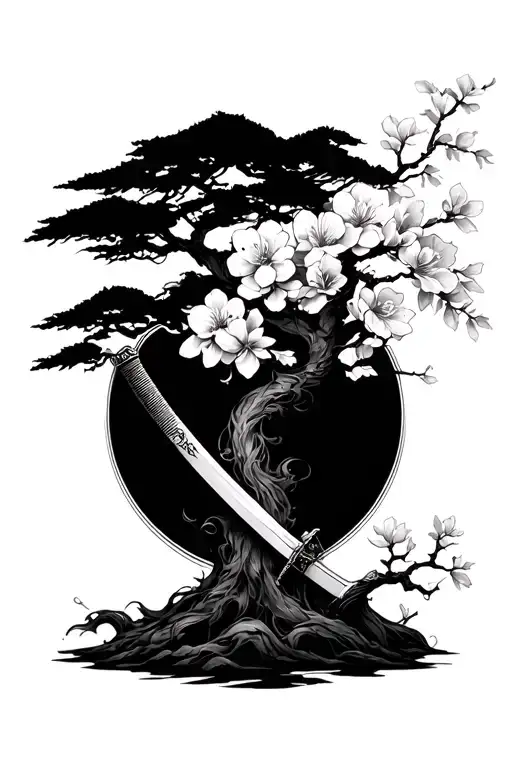 katana with a blossom tree tattoo design idea