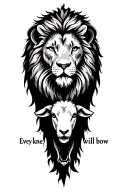 lion and lamb "every knee will bow" written below tattoo design idea