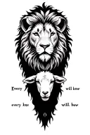 lion and lamb "every knee will bow" written below tattoo design idea