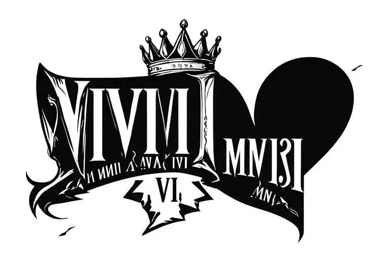 roman numerals VIII・VII・MMXIII w bullets text with a simple crown at one end and a broken heart on the other.  tattoo design idea