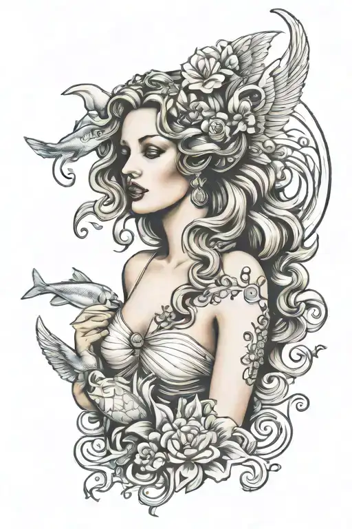 Aphrodite love goddess sea creatures tattoo design idea