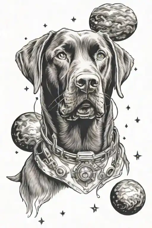 chocolate lab and space theme tattoo design idea