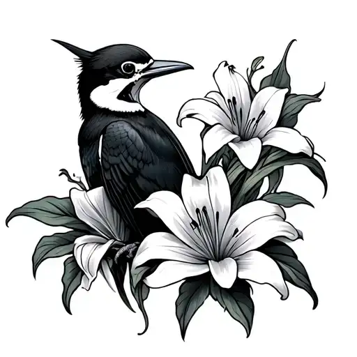 woodpecker, skull, lilies tattoo design idea