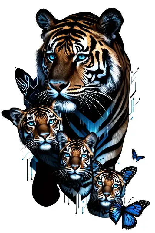 father tiger with two cubs and 2 butterflys souronding tattoo design idea