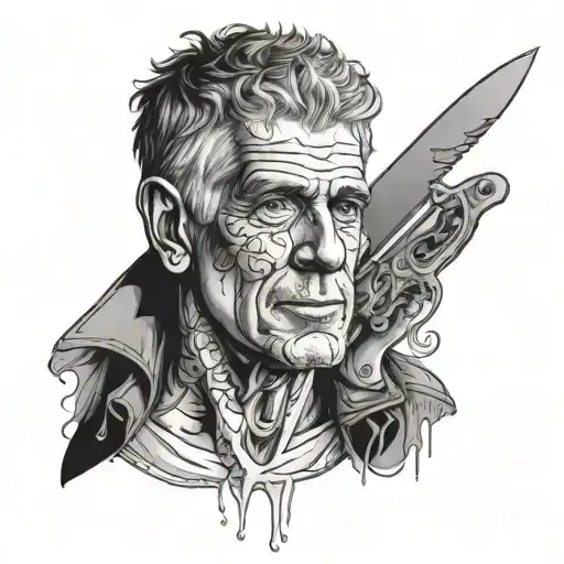 Anthony Bourdain split face and skull combination with knife in mouth  tattoo design idea