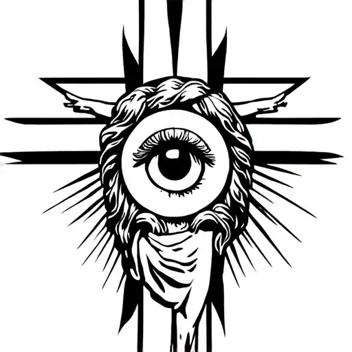 christian cross with jesus in the cross looking down and then a eye in the middle of the cross represeenting jesus alway tattoo design idea
