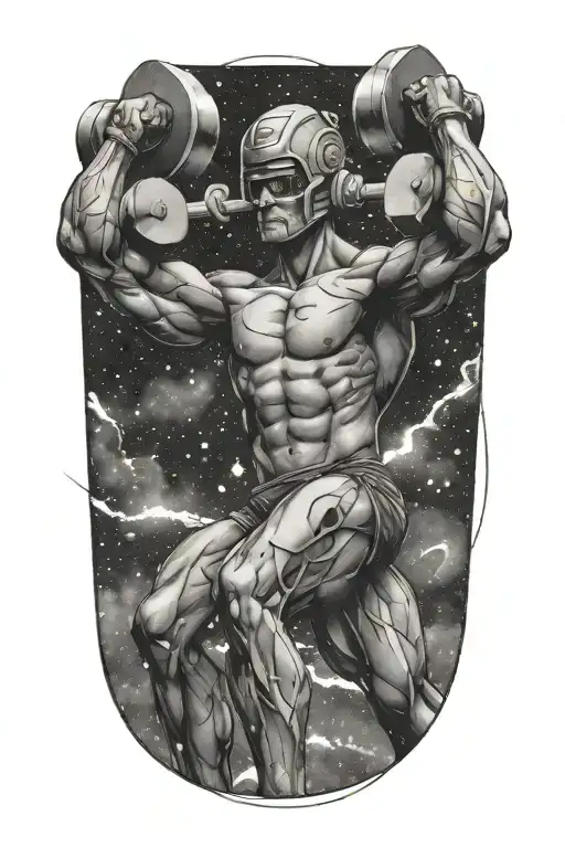 Muscular figure lifting weights with a galaxy background tattoo design idea