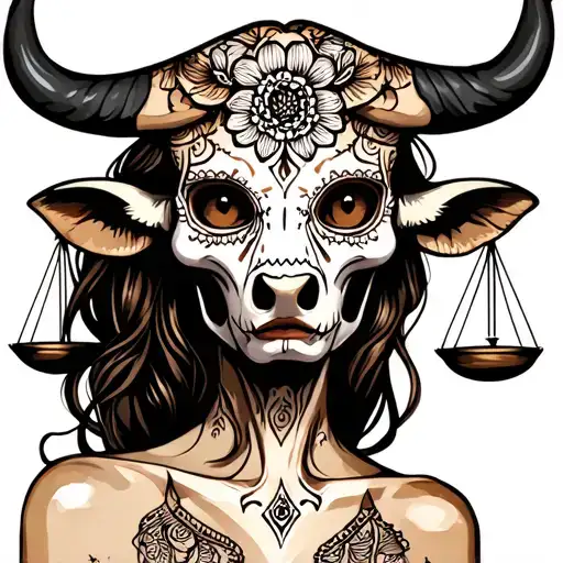 woman body bull with sugar skull markings, brown eyes and two Libra scales with extra dark background tattoo design idea