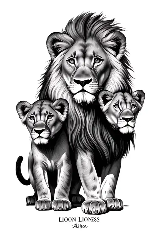 Lion Lioness 2 lion cubs name written tattoo design idea