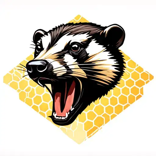 Head of an honey badger with mouth a little bit open on the background of honeycombs tattoo design idea
