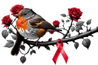 Robin sitting on branch surrounded by a lot of red roses with a cancer ribbon hanging off the end of branch  tattoo design idea