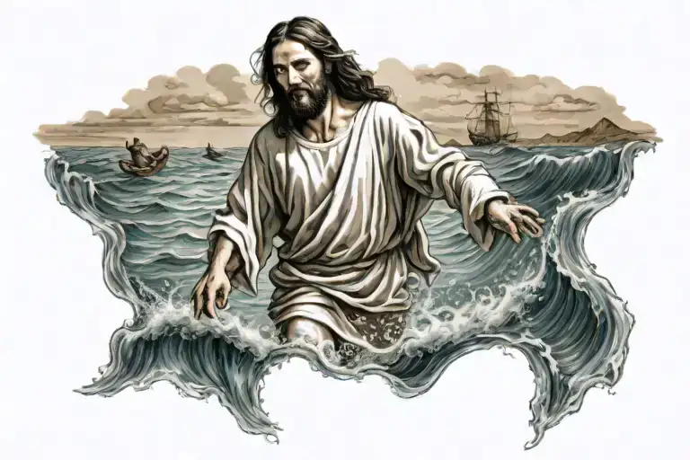 jesus walking through the sea tattoo design idea
