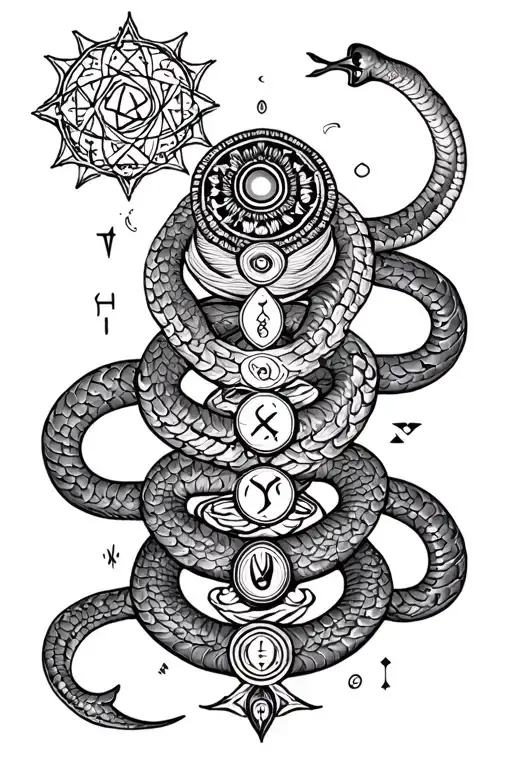 7 chakras down the spine, norse runes for the symbols, kundalini serpent rising between chakras tattoo design idea