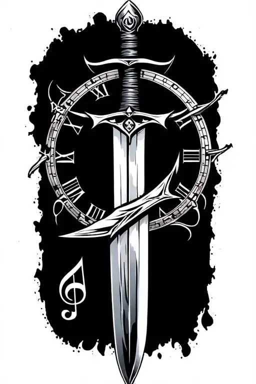 music notes sword and time tattoo design idea