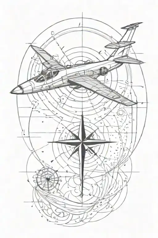 golden ratio spiral as wave, with compass design and fighter jet tattoo design idea