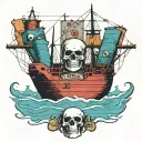 container ship with stacks of containers with a skull and anchor below and with text below that says Mutiny tattoo design idea