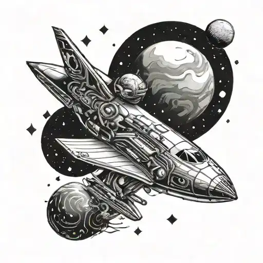A futuristic space-themed tattoo design featuring a sleek spaceship cruising through a galaxy filled with music notes and planets, incorporating elements of blackwork style tattoo design idea