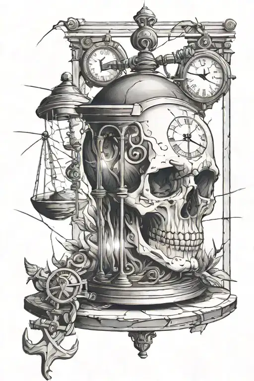 a skull looking out of a window with an hourglass, an anchor and two clocks tattoo design idea