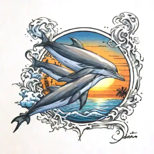 a tattoo with a sunset in the background behind the beach with ONLY three blue dolphins jumping out of the water tattoo design idea