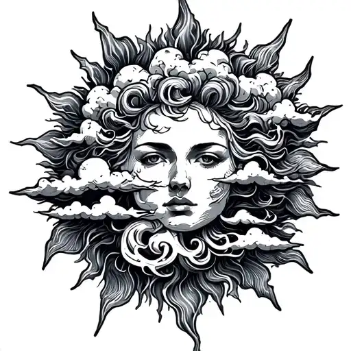 sun and storm clouds with lightning tattoo design idea