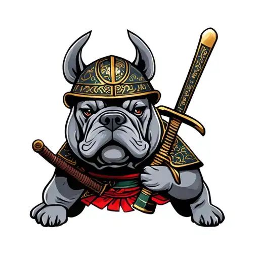 Create a neo Japanese tattoo design of a samurai grey french bull dog in a samurai helmet hold a sword in his hands and  tattoo design idea