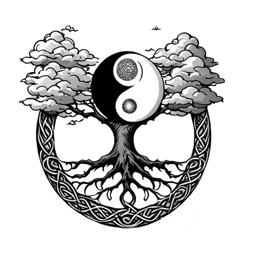 celtic tree of life. sun and moon in clouds like yin yang above the tree tattoo design idea