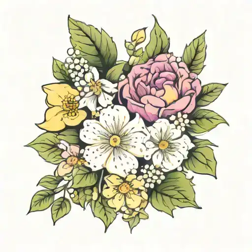 Primroses, violets, hawthorn, lily of the valley, asters, morning glories, narcissus, and holly flower bouquet tattoo design idea