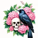 black crow sitting amongst a skull and pink hydrangeas in bloom tattoo design idea
