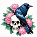 black crow sitting amongst a skull and pink hydrangeas in bloom tattoo design idea