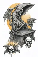 grim reaper crying at casket with sun rising behind them tattoo design idea