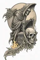 grim reaper crying at casket with sun rising behind them tattoo design idea