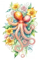 octopus, snowdrop, rose,  marigold flower tattoo design idea