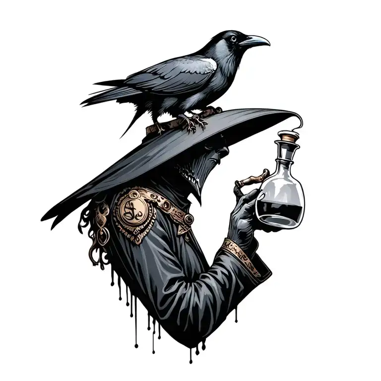 steam punk inspired plague doctor holding a flask with a raven on shoulder  tattoo design idea