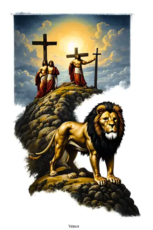 Jesus and a lion fadind down the arm to the three crosses on the hill saying yeshua in hebrew  tattoo design idea