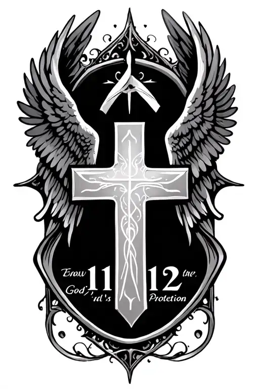 "1112 God’s Protection" cross with angels wings tattoo design idea