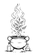 cauldron with steam, wolfsbane and a potion bottle tattoo design idea