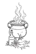 cauldron with steam, wolfsbane and a potion bottle tattoo design idea