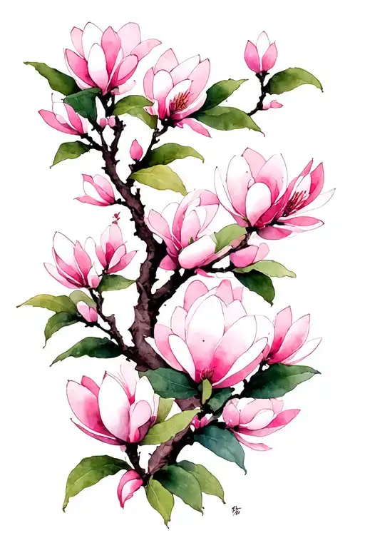 A Japanese-inspired illustration featuring a delicate branch adorned with vertically arranged soft pink magnolia blossom tattoo design idea