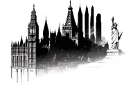 outline eiffle tower Big Ben Statue of Liberty Bali pagoda tattoo design idea