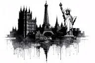 outline eiffle tower Big Ben Statue of Liberty Bali pagoda tattoo design idea