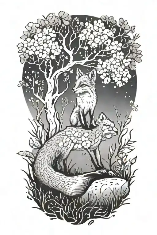 fox under a tree tattoo design idea
