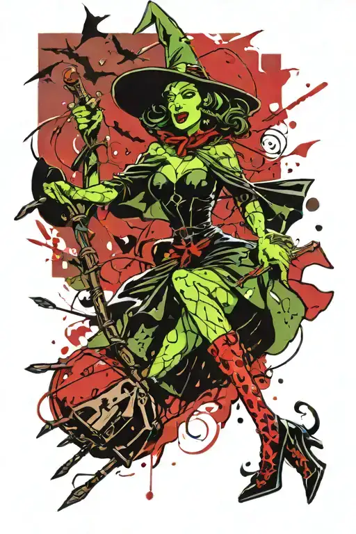 Green skin wicked witch of the west flying on a broom in a pinup girl style with no red with black hair and a cape tattoo design idea