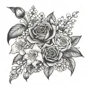 rose, carnation, lily of the valley, narcissus flower bouquet tattoo design idea